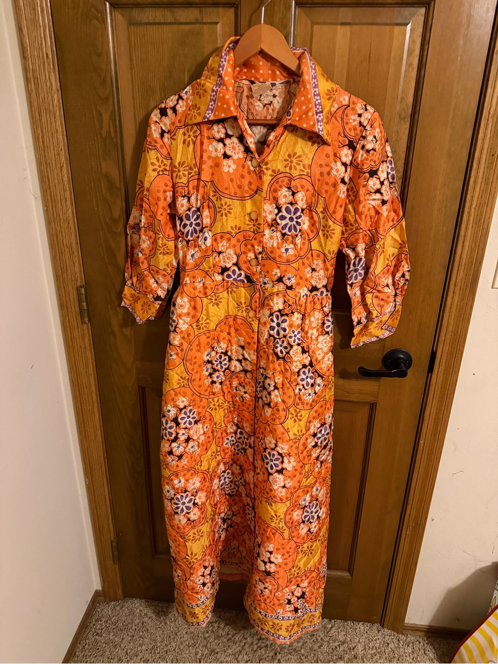 Vintage 1970s Retro Orange Floral Quilted Duster Coat Hostess Gown
